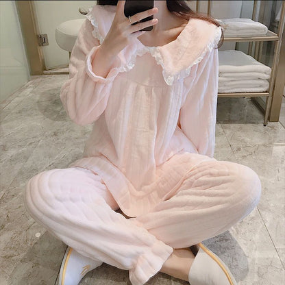 Square Collar Women Pajamas Set Winter Sleepwear Fleece Velvet 2 Piece Pant Home Suit Fluffy Korean Solid Pajama Warm Night Wear