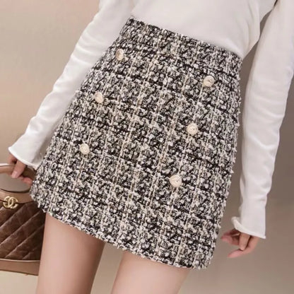 Tweed Skirts for Women Solid High Waist Slimming Skirts Autumn Spring 2026 Buttons Double Breasted Tweed Wool Mini Skirt