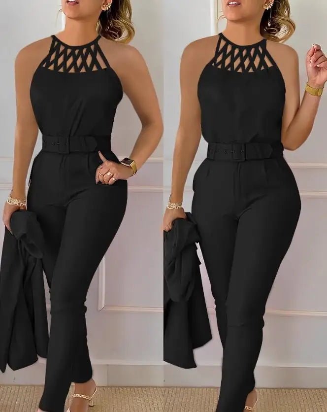 Two Piece Set Women Outfit 2026 Summer Fashion Hollow Out Round Neck Sleeveless Tank Top & Casual Pocket Daily Pants Set
