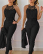 Two Piece Set Women Outfit 2026 Summer Fashion Hollow Out Round Neck Sleeveless Tank Top & Casual Pocket Daily Pants Set