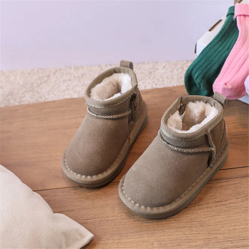 2025 New Winter Baby Snow Boots leather Warm Plush Little Boys Shoes Non-slip Fashion Toddler Girls Boots