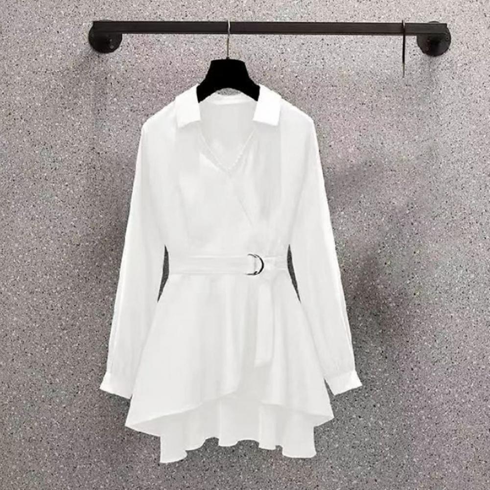 M-4XL Women's Shirt Lapel V Neck Long Sleeves Irregular Hem Plus Size Waist Tight Adjustable Belt Pullover Shirt Female Clothing