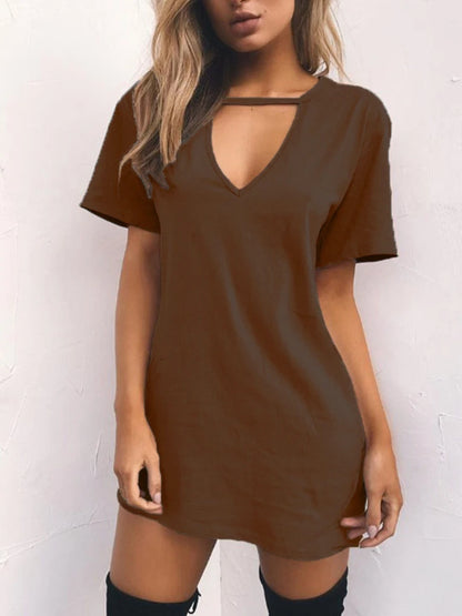 Summer Sexy Mini Black Dress 2026 V Neck Cut Out Loose Dress Women Elegant Short Sleeve Club Party Dress Solid Color Streetwear