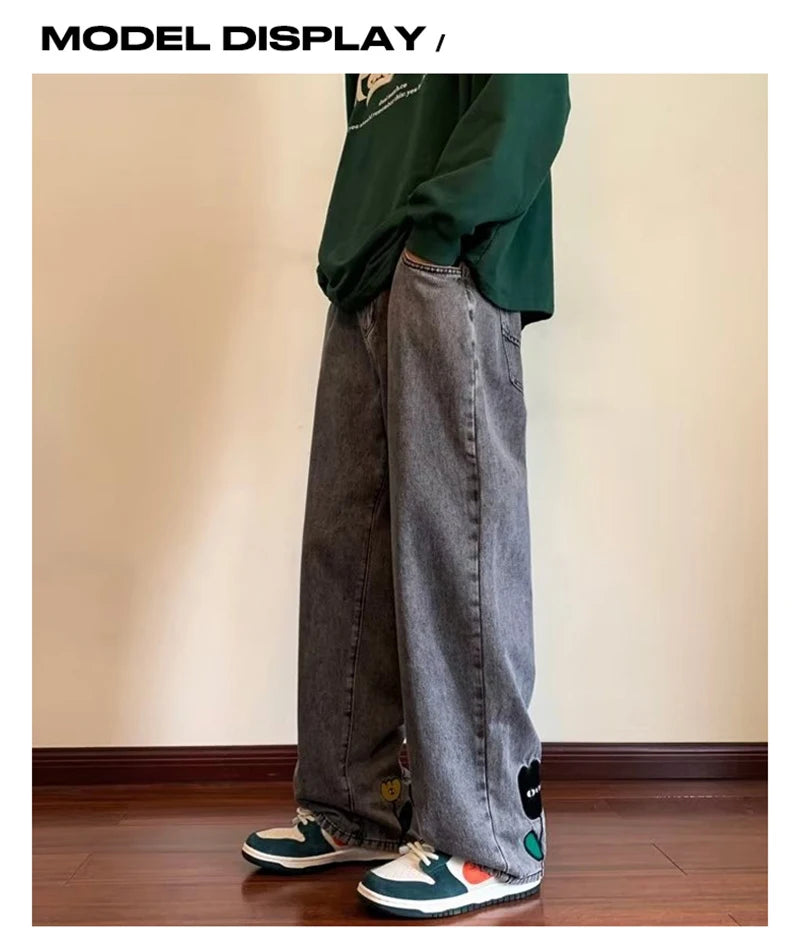 New Men's Y2K Flower Printed Baggy Jeans 2026 Streetwear American Casual Denim Wide-leg Pants Hombre Vintage Straight Trousers