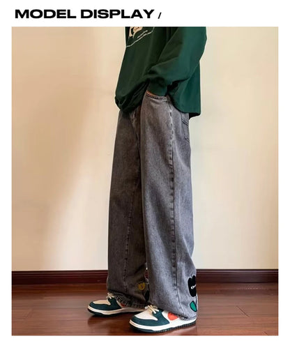 New Men's Y2K Flower Printed Baggy Jeans 2026 Streetwear American Casual Denim Wide-leg Pants Hombre Vintage Straight Trousers