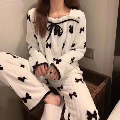 Square Collar Women Pajamas Set Winter Sleepwear Fleece Velvet 2 Piece Pant Home Suit Fluffy Korean Solid Pajama Warm Night Wear