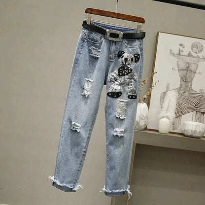 Cartoon Print Short Sleeve T-shirt Perforated Jeans Two Piece Elegant Women's Pants Set Summer Outfit Leisure Sports Suit