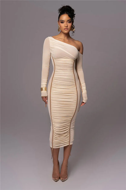 Diagonal Collar Long Sleeve Midi Dress For Women Two Layer Mesh Backless Ruched Bodycon Club Party Sexy Long Dress