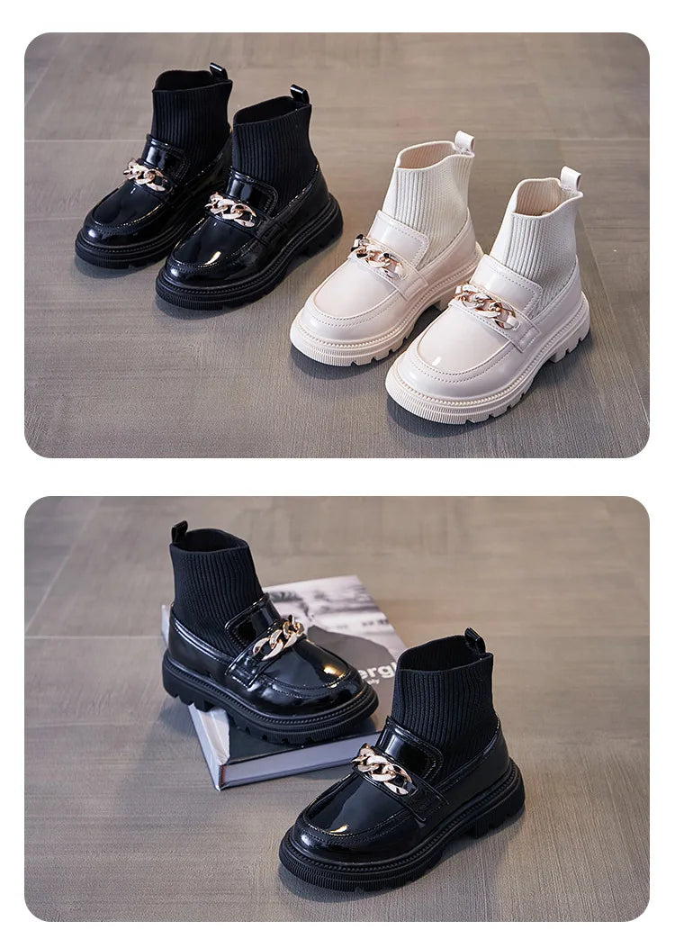 Girls Leather Boots Metal Chains Flying Woven Stitching Princess Boots Kids Leather Soft Sole Boots Children Socks Boots Fashion