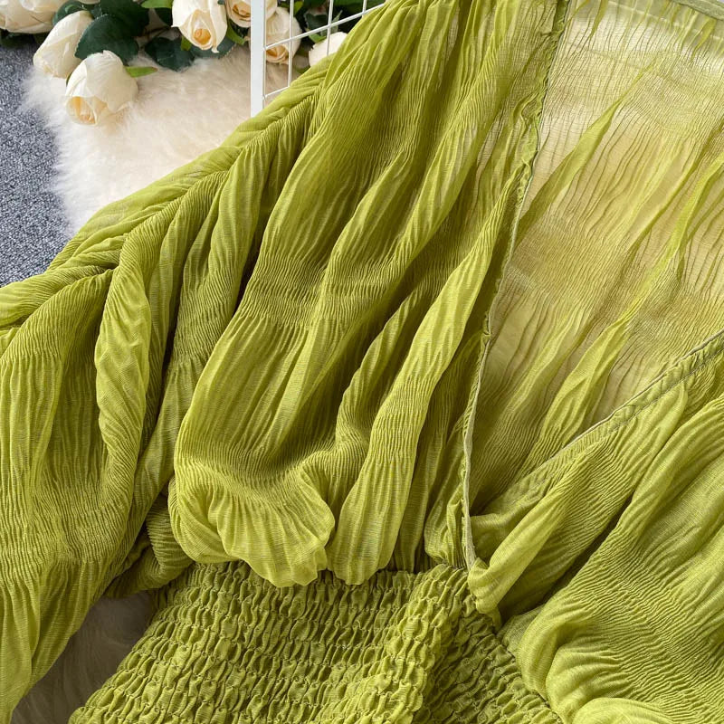 Women Sexy Chiffon Short Blouse Female See Through Super Long Sleeve Purple/Green/Black/White Folds Party Tops 2026 New