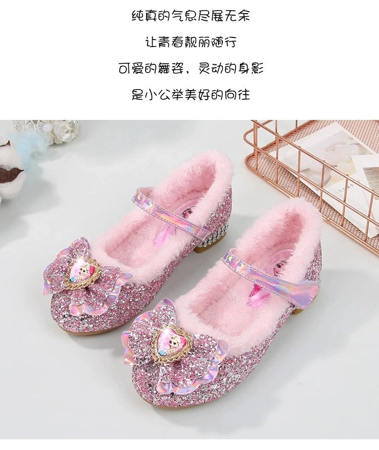 Disney Princess Kids Warm Winter Shoes for Girls Elsa Casual Glitter Children Flat Heel Girls Shoes Butterfly Knot Blue Pink