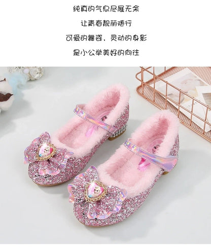 Disney Princess Kids Warm Winter Shoes for Girls Elsa Casual Glitter Children Flat Heel Girls Shoes Butterfly Knot Blue Pink