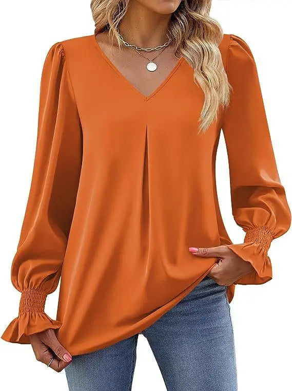 Women's New Solid Color Chiffon Shirt V-neck Pullover Flared Long Sleeved Top Shirt Office Lady Elegant Khaki Loose Blouse