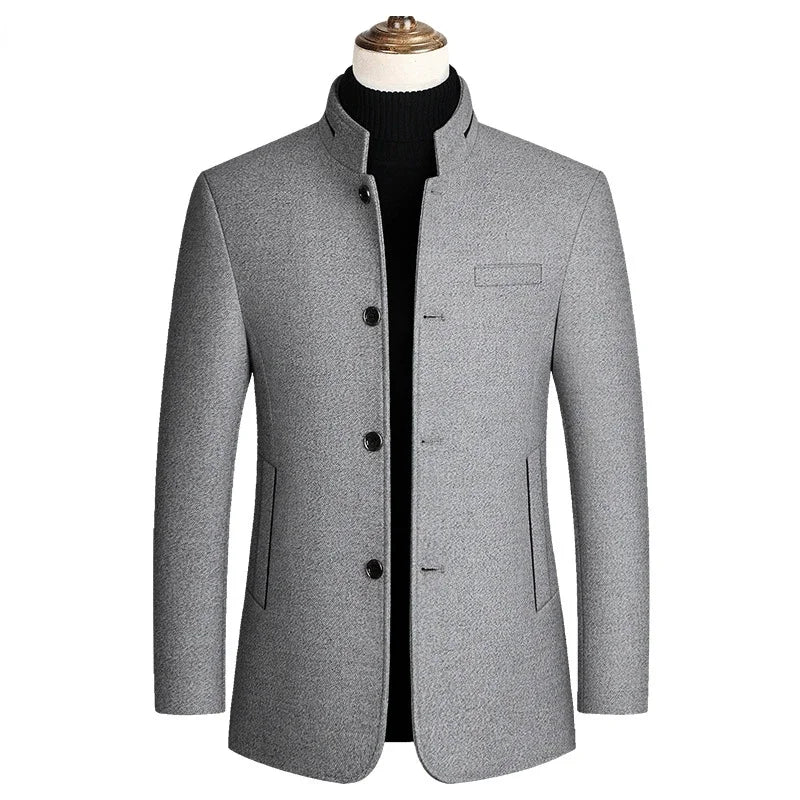 Men's Woolen Coat 2026 Autumn/Winter New Cotton Thickened Single Breasted Standing Collar Wool Blend Male Jacket