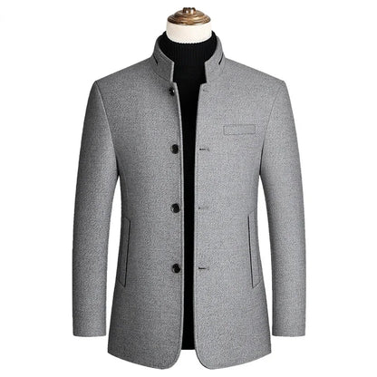 Men's Woolen Coat 2026 Autumn/Winter New Cotton Thickened Single Breasted Standing Collar Wool Blend Male Jacket