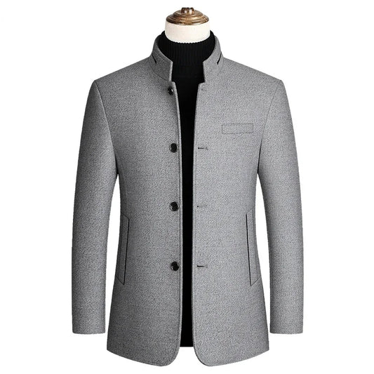 Men's Woolen Coat 2026 Autumn/Winter New Cotton Thickened Single Breasted Standing Collar Wool Blend Male Jacket