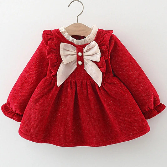 Winter Newborn Girls Clothes Korean Fashion Bow Cute Fleece Warm Thick Long Sleeve Red Baby Dress Luxury Birthday Dresses BC1704