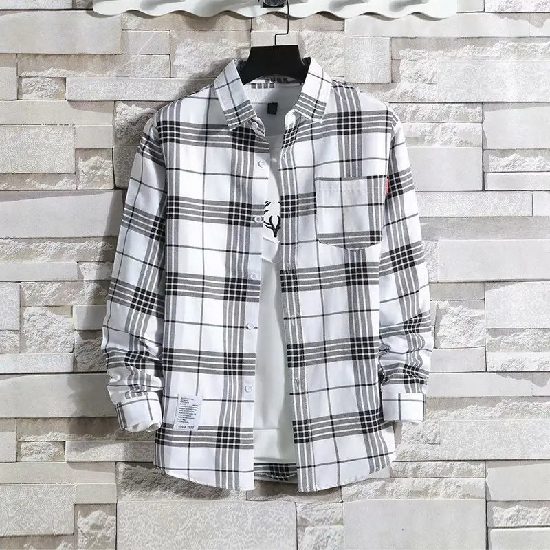 Spring New Korean Style Plaid Shirts Men's Handsome Long-sleeved Loose Casual All-matching Shirt Coats 2026 Trend Men's Clothing
