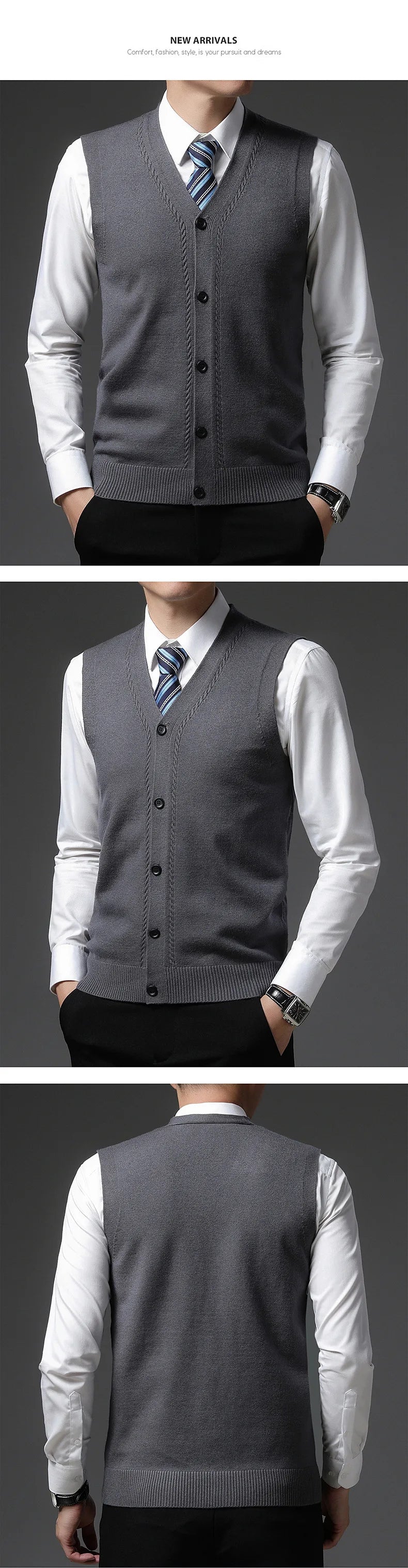 2026 Men's New Autumn and Winter Vest Young Casual Warm Knit Sleeveless Base Shirt Solid Color Jacquard Cardigan Vest