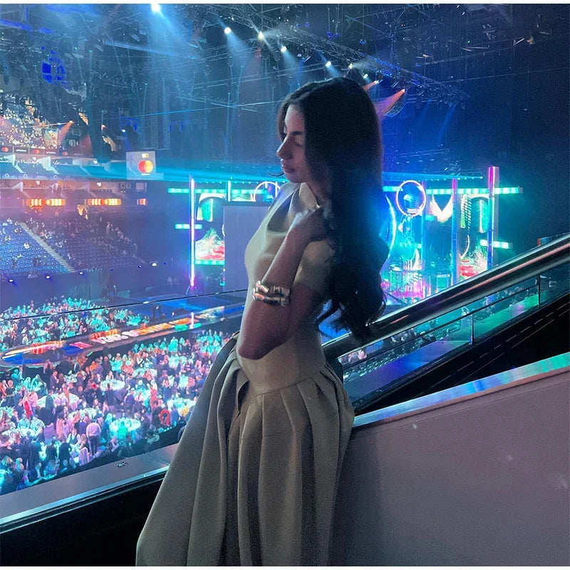 DSMTRC 2025 New Casual Office Lady Vestidos Streetwear Elegant Green Diagonal Collar Pleated Short Sleeve Patchwork Chic Dress