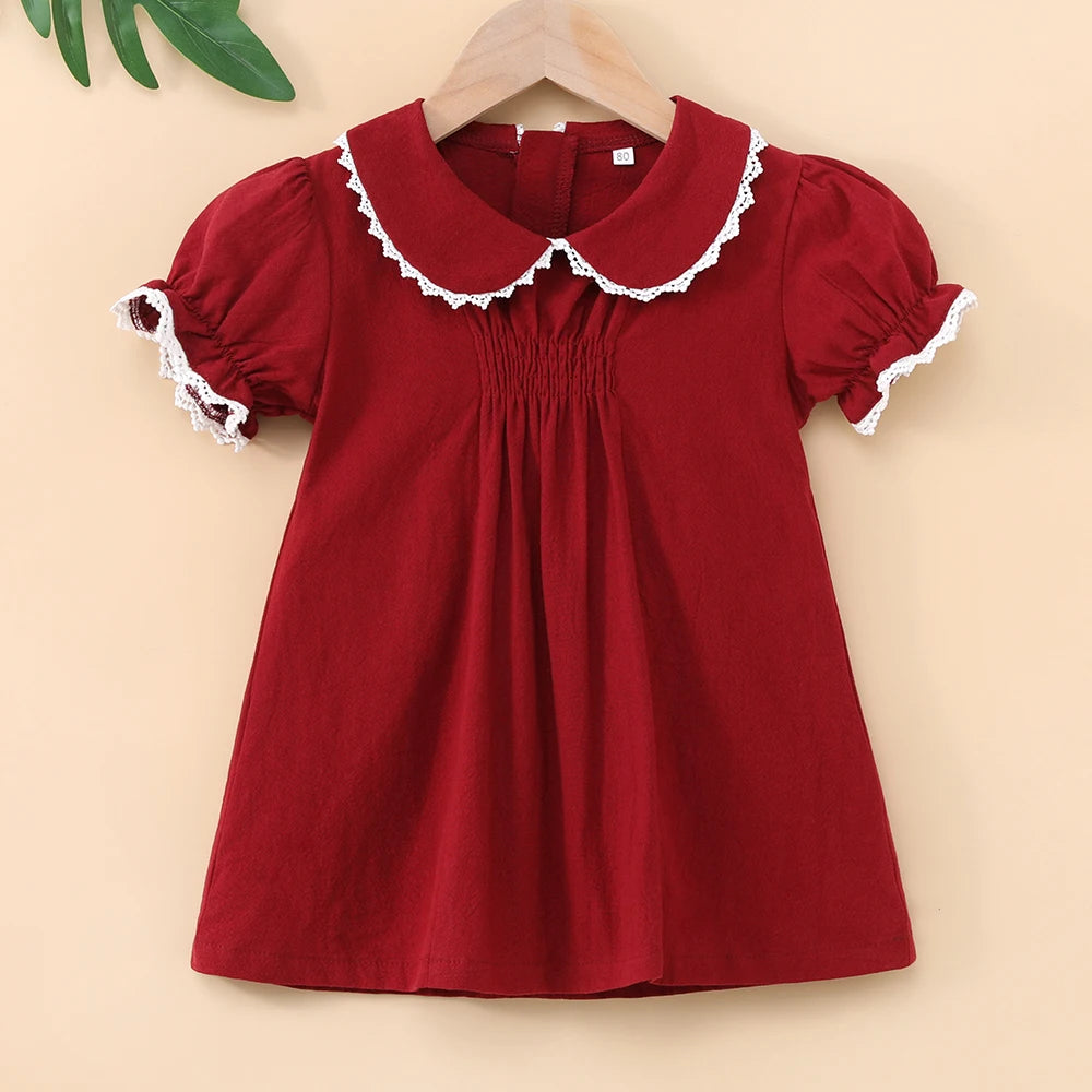 Baby Girl Smock Dress Toddler Peter Pan Color Holiday Princess Dress Infants Red Clothes