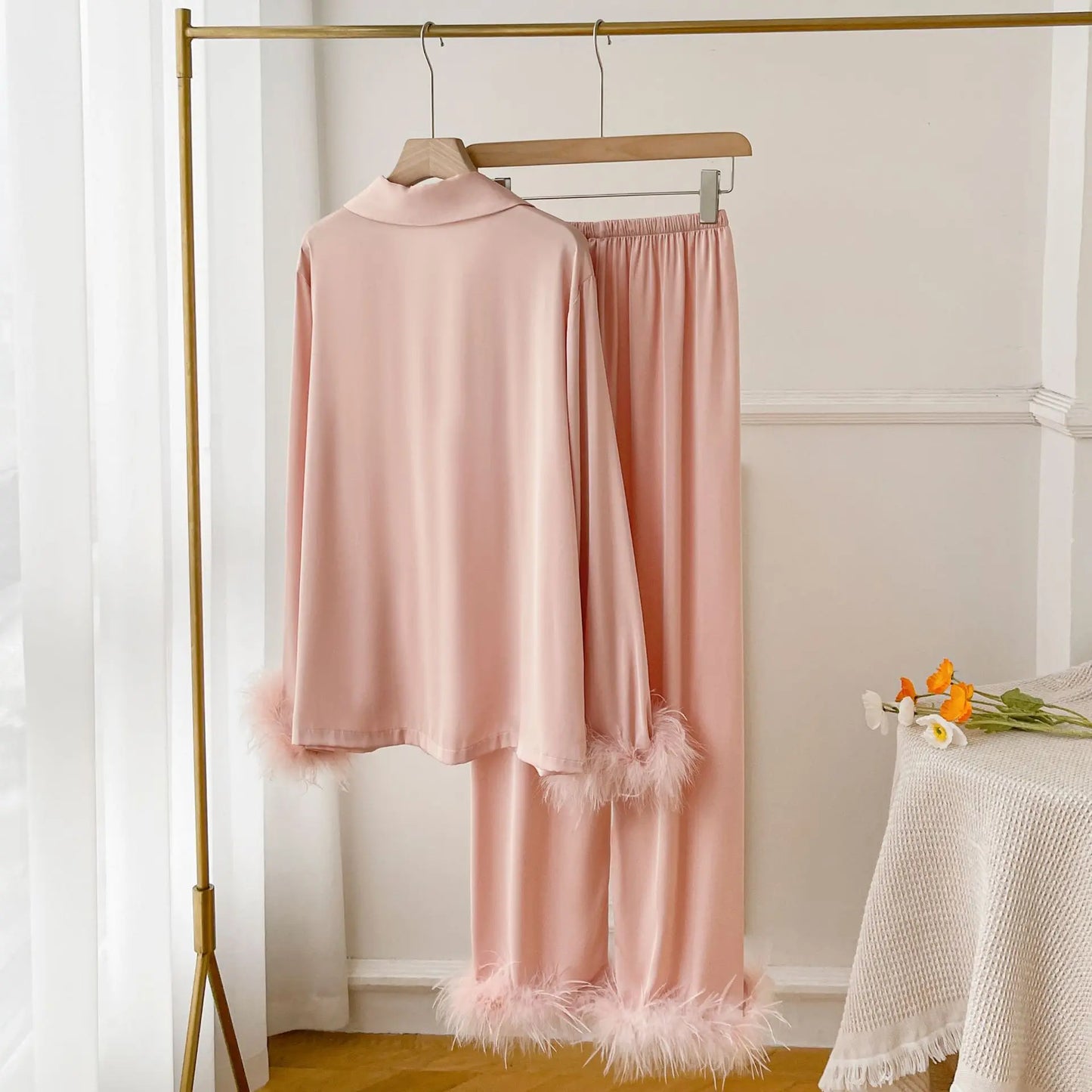 Spring Autumn Female Pajamas Trouser Set Luxury Feather Pink Bride Wedding Sleep wear Gift Sexy Loose Satin Home Wear Lounge wear