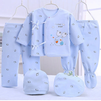 5Piece Sets Spring Baby Girl Boy Clothes Casual Cartoon Cute Print Long Sleeve Cotton Tops+ Pants+ Hat Newborn Hospital Set BC1361
