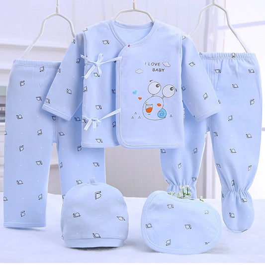 5Piece Sets Spring Baby Girl Boy Clothes Casual Cartoon Cute Print Long Sleeve Cotton Tops+ Pants+ Hat Newborn Hospital Set BC1361