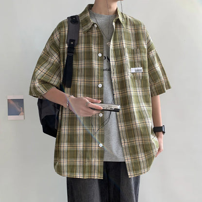 Korean Y2k Streetwear Plaid Shirt Men Shirts 2025 New Summer Fashion Chemise Homme Men's Checkered Shirts Short Sleeve Men Blouse