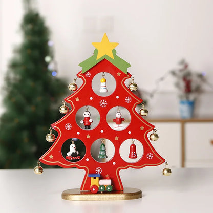 Holiday Tabletop Décor Carved Wood Xmas Tree 6 Hole Centerpiece for Mantel Scene Christmas Village Diorama Craft Ornament