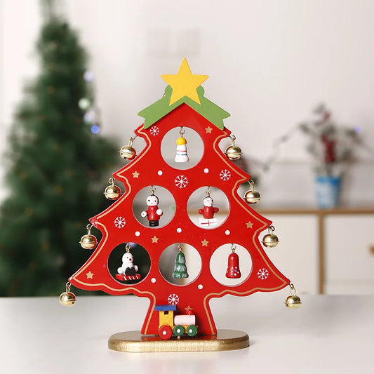 Holiday Tabletop Décor Carved Wood Xmas Tree 6 Hole Centerpiece for Mantel Scene Christmas Village Diorama Craft Ornament