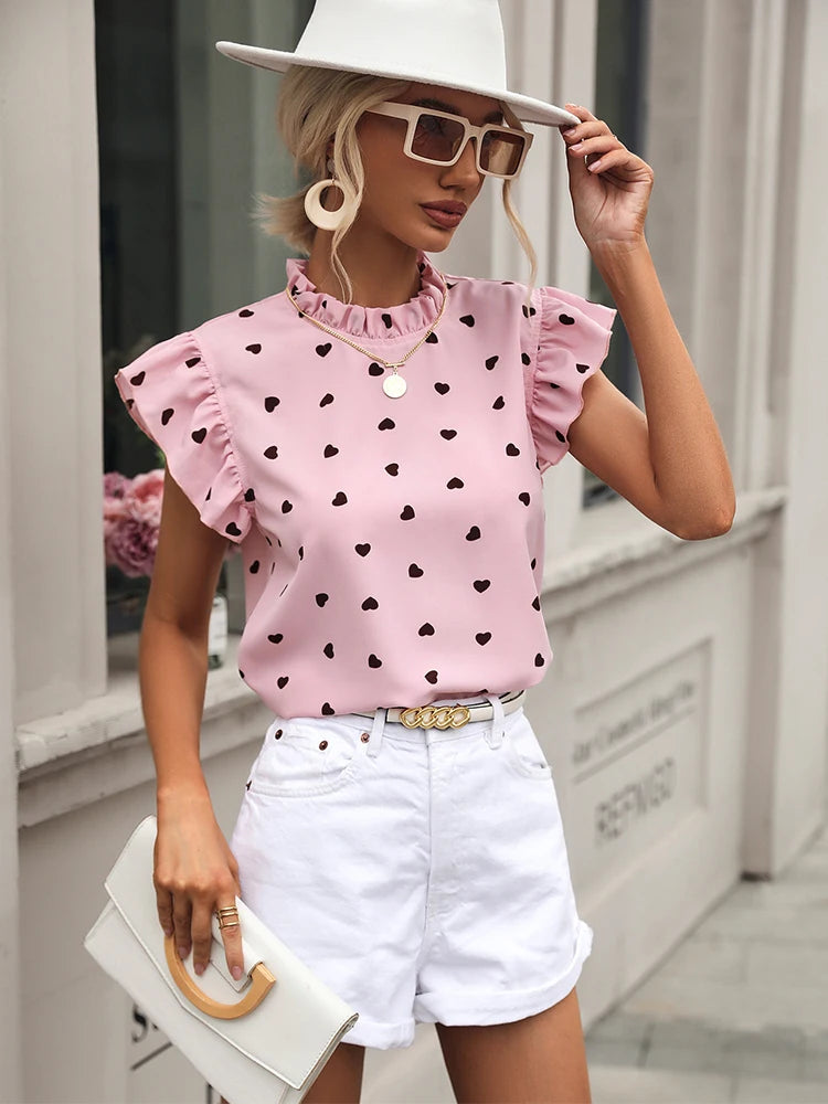 Fashion Chiffon Print Women's Shirt Casual Ruffle Short Sleeve Top Pink Chic Woman Blouse And Shirts Elegant Blouses Summer 2026