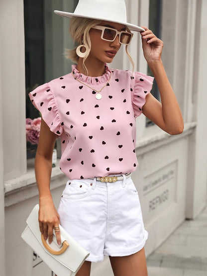 Fashion Chiffon Print Women's Shirt Casual Ruffle Short Sleeve Top Pink Chic Woman Blouse And Shirts Elegant Blouses Summer 2026