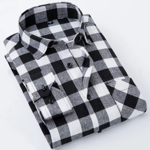 Men's Slim-fit Casual Brushed Flannel Contrast Plaid Shirt Single Patch Chest Pocket Comfortable Soft Long Sleeve Gingham Shirts