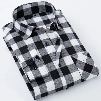 Men's Slim-fit Casual Brushed Flannel Contrast Plaid Shirt Single Patch Chest Pocket Comfortable Soft Long Sleeve Gingham Shirts