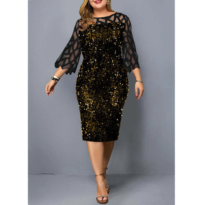Elegant Sequin Plus Size 4XL 5XL Women Midi Dress Sexy Casual Evening Party Dress Gown Wedding Luxury Robe Rouge Vestidos