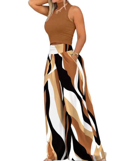 Summer Clothes Women 2026 Women Clothing Print Two-piece Set, Smooth Sleeveless T-shirt, Wide Leg Pants, Fashion Clothing