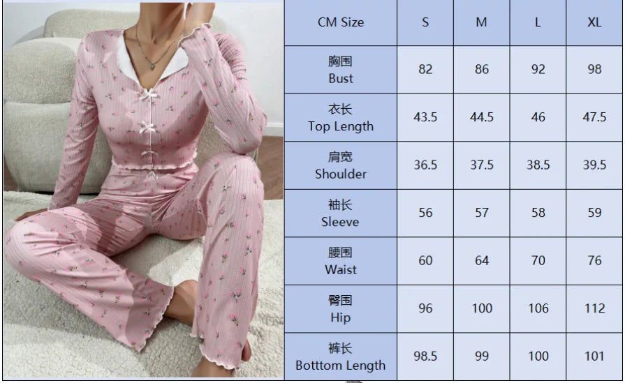 Women Sleepwear Autumn Winter Floral Print Pajamas Set Long Sleeve Top and Long Pants 2 Piece Casual Home wear Loungewear