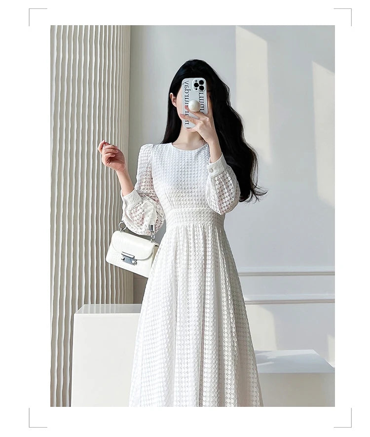 Lace Long Sleeves White Midi Dresses for Women 2026 New Autumn French Elegant Fashion Evening Wedding Party Robe Female Clothing