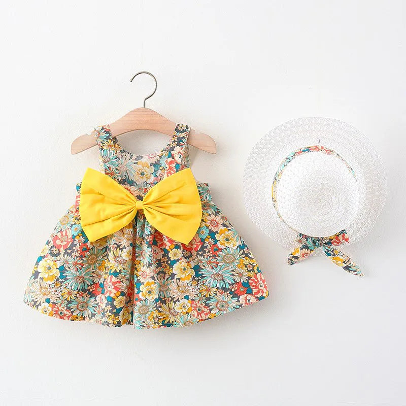 2Piece Sets Summer Toddler Girl Clothes Korean Fashion Flowers Cute Bow Sleeveless Princess Baby Dresses+ Sunhat Kids Dress BC136