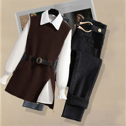 2026 Autumn Increased Size Korean Popular Chiffon Shirt Knitted Sweater Jeans Three Piece Elegant Women's Pants Set Tracksuit