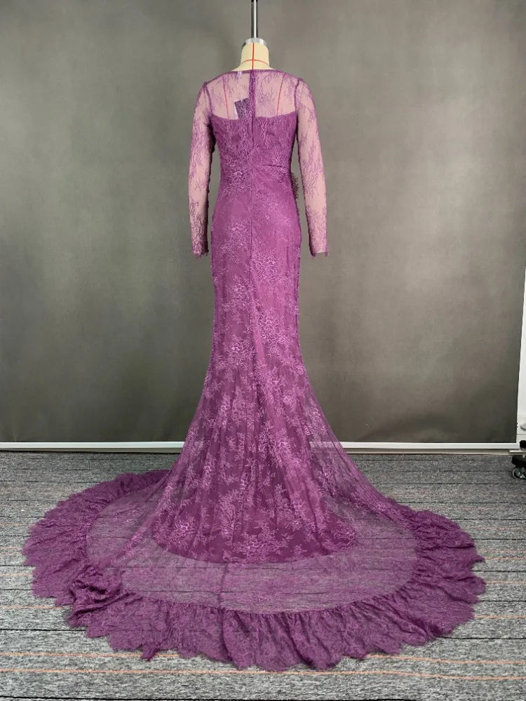 2026 Women's Ruffled Lace Evening Dress Solid Color Square Neck Long Sleeve Skinny Maxi Dress Wrap Hip Party Gowns