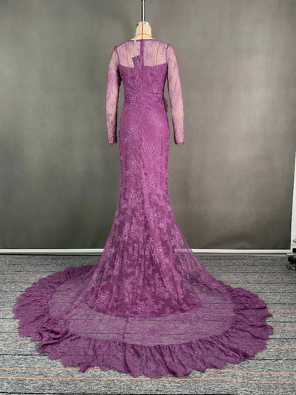 2026 Women's Ruffled Lace Evening Dress Solid Color Square Neck Long Sleeve Skinny Maxi Dress Wrap Hip Party Gowns