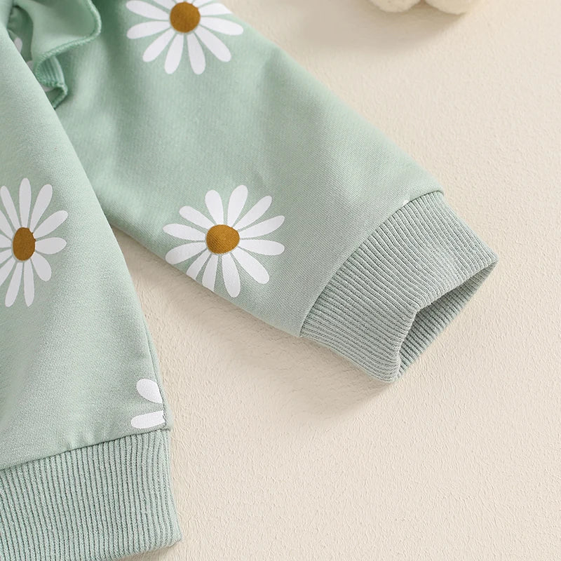 2026 Lorrainian Toddler Girl Fall Outfit Daisy Print Long Sleeve Sweatshirt with Elastic Waist Pants 2 Pcs Set