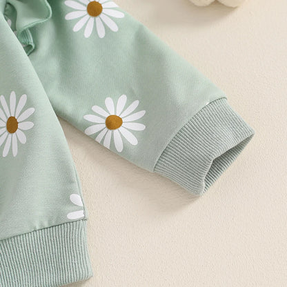 2026 Lorrainian Toddler Girl Fall Outfit Daisy Print Long Sleeve Sweatshirt with Elastic Waist Pants 2 Pcs Set