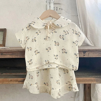 Korean Style Children Clothing Set Short Sleeved Cotton Printed T-Shirt+ Shorts Newborn Baby Girls Clothing Suit For Summer