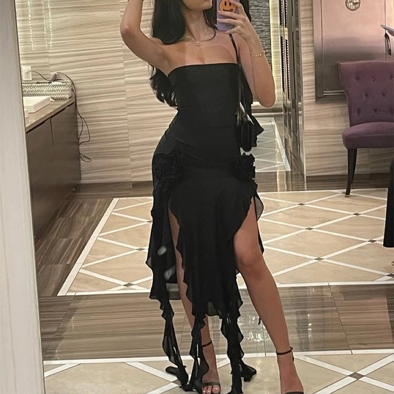 Elegant Strapless Sexy Maxi Dress Women's Irregular Tassel 2025 Summer Trend Skinny Split Bodycon Birthday Party Clubwear Dress