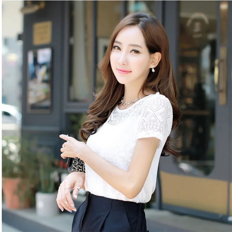 New Women Clothing Chiffon Blouse Lace Crochet Female Korean Shirts Ladies Blusas Tops Shirt White Blouses Slim Fit Tops 2025