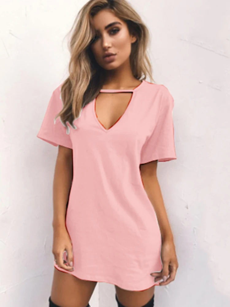 Summer Sexy Mini Black Dress 2026 V Neck Cut Out Loose Dress Women Elegant Short Sleeve Club Party Dress Solid Color Streetwear