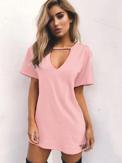 Summer Sexy Mini Black Dress 2026 V Neck Cut Out Loose Dress Women Elegant Short Sleeve Club Party Dress Solid Color Streetwear
